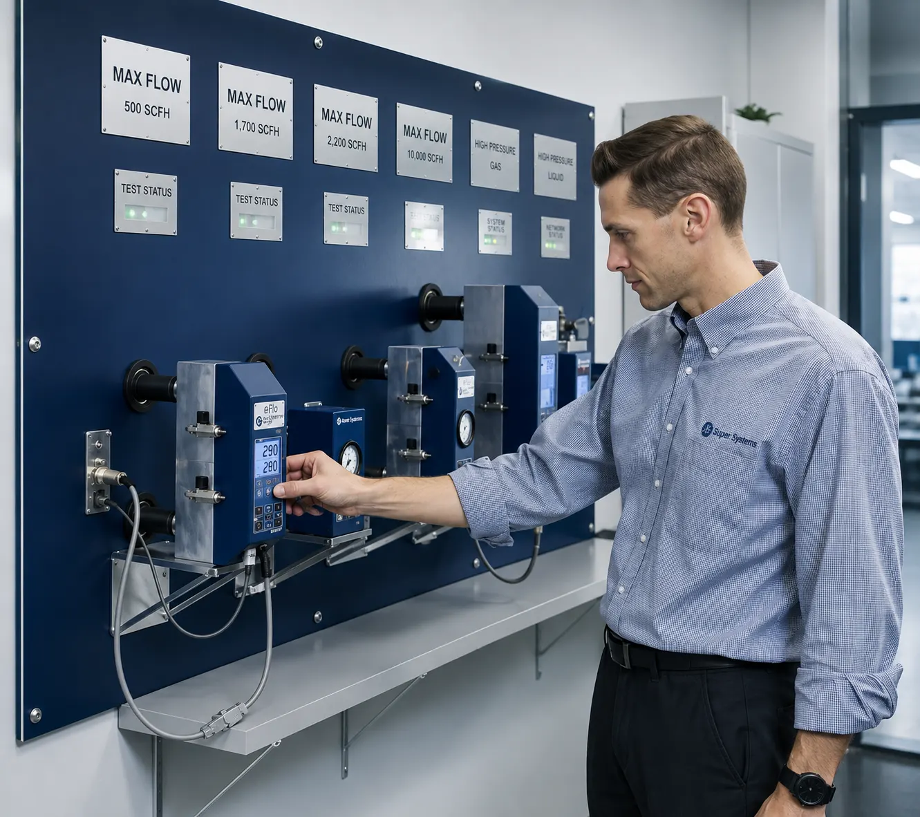 Inżynier SSi obsługuje panel przepływomierzy eFlo w hali produkcyjnej