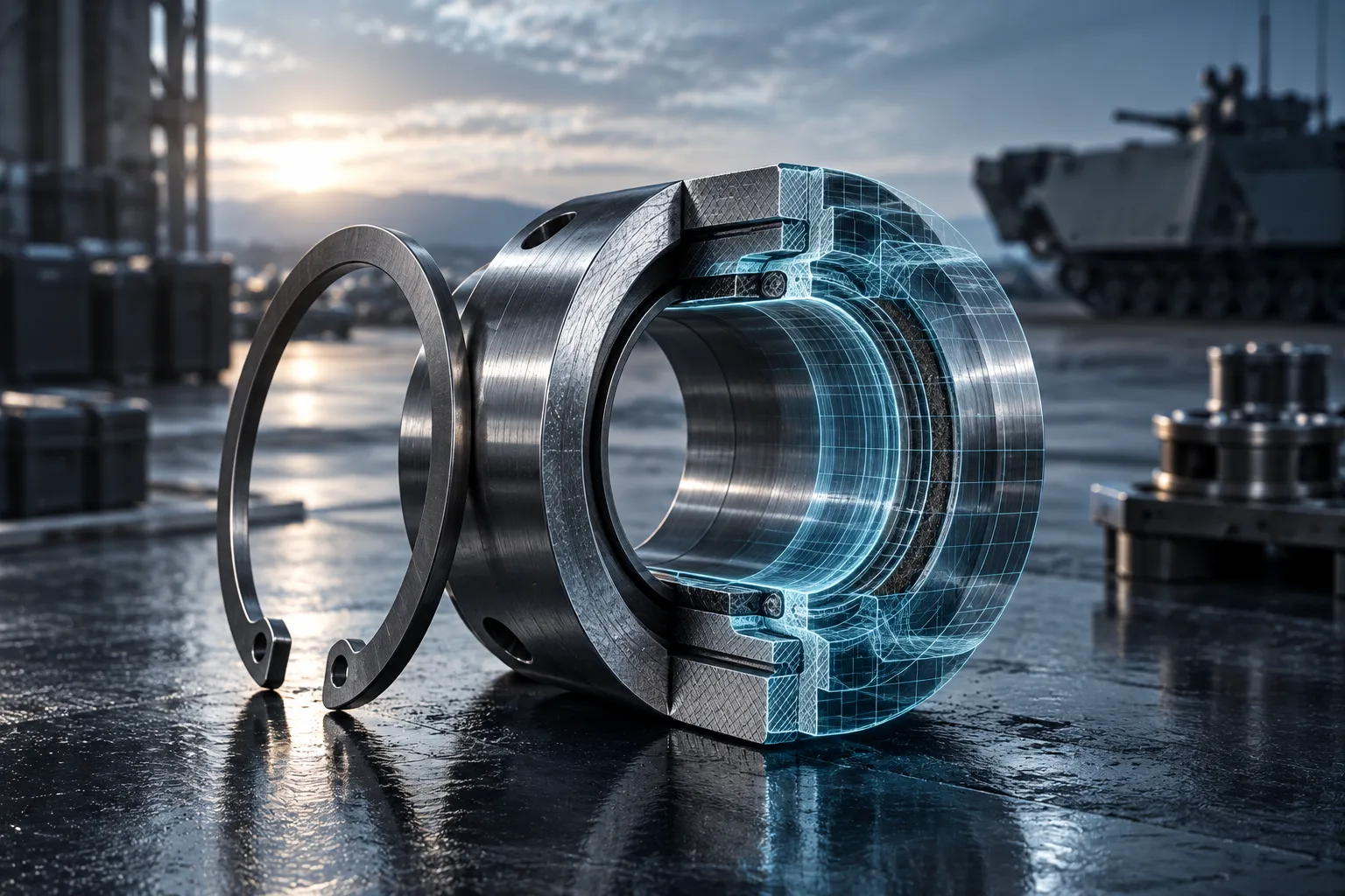 Lagerring im Schnitt, im Hintergrund ein Militärfahrzeug auf der Fläche