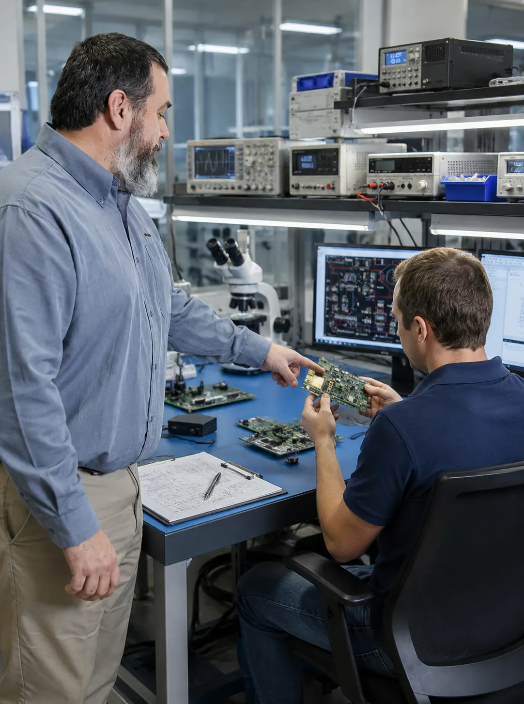 Zwei Ingenieure begutachten eine Elektronikplatine im Kalibrierlabor