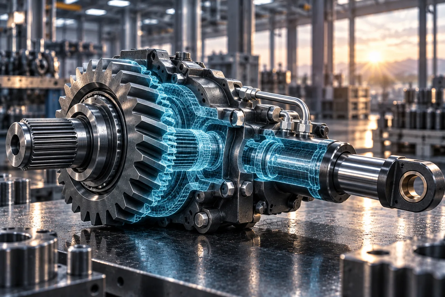 A gearbox of a working machine in section, with a splined shaft and a piston rod