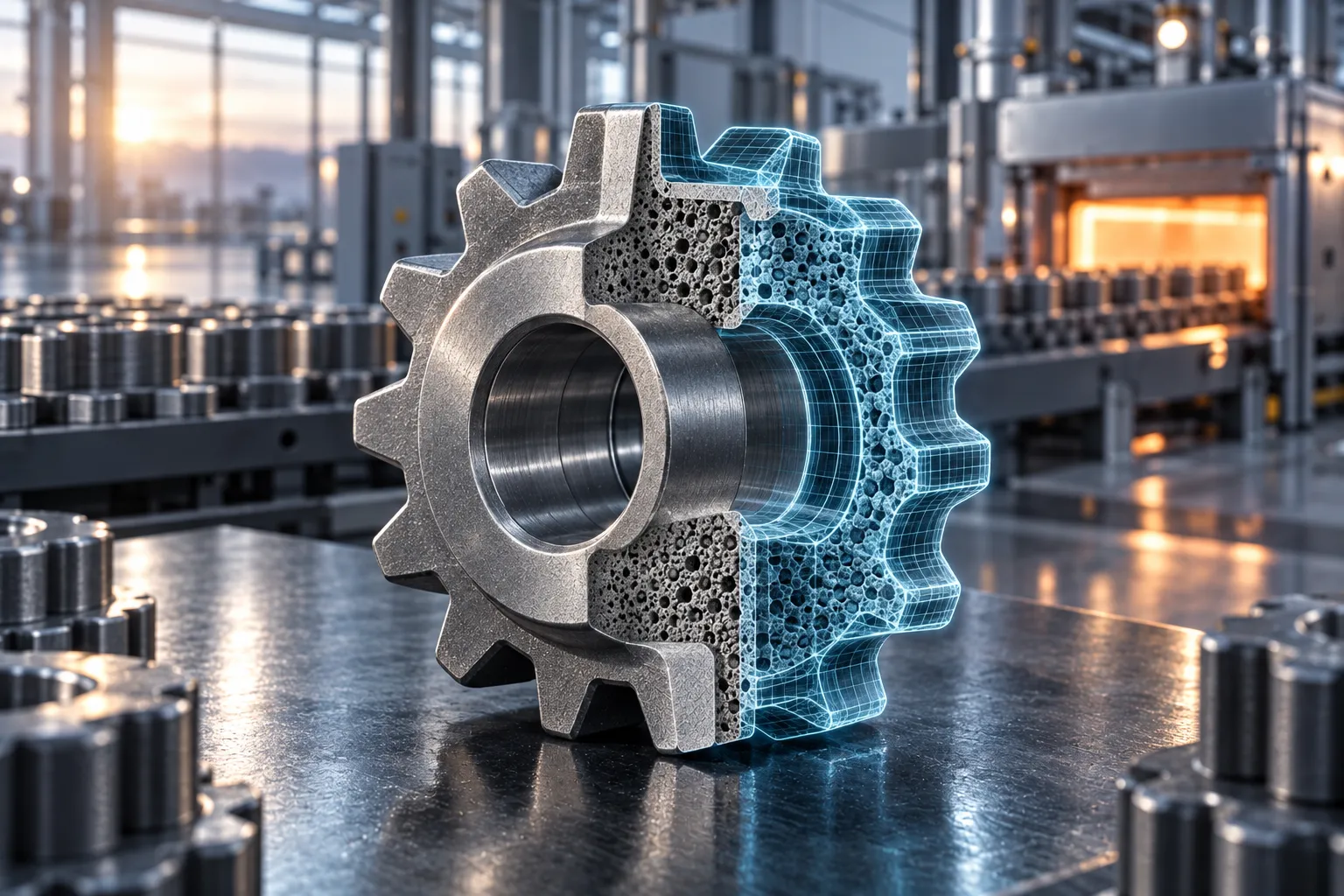 A sintered gear in section, with the porosity of the material visible