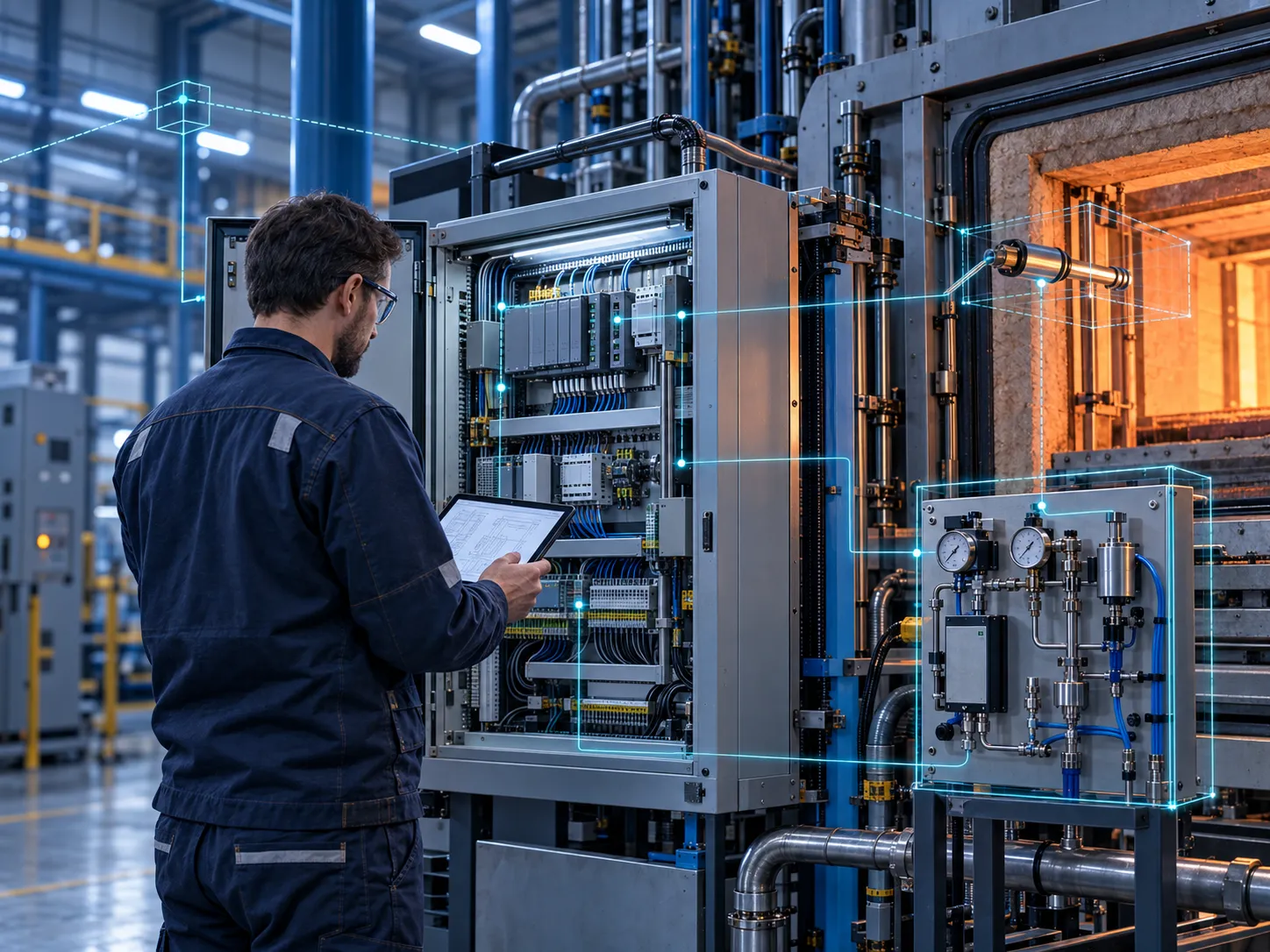 Engineer with a tablet at an open furnace control cabinet, gas panel with pressure gauges alongside